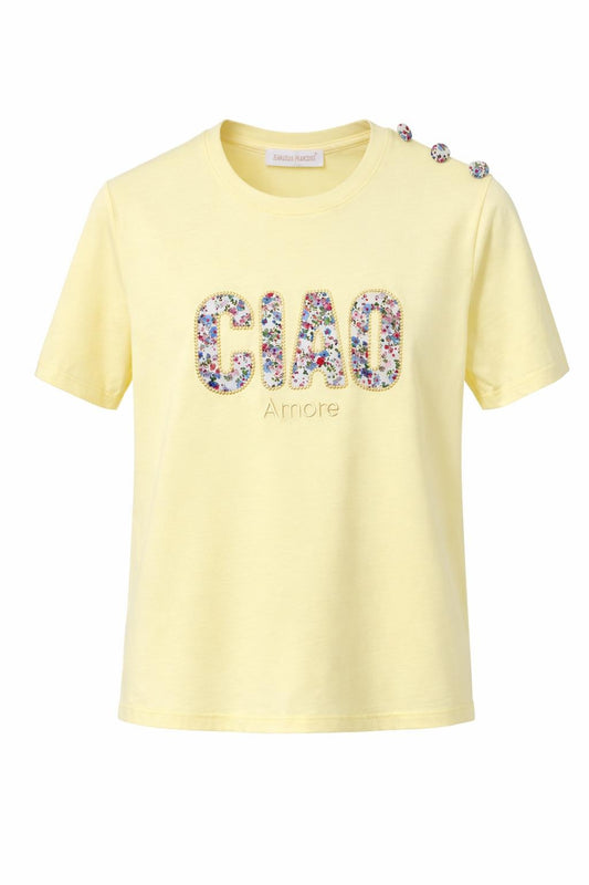 Besticktes T-Shirt Ciao Amore gelb, Gr. 34-38