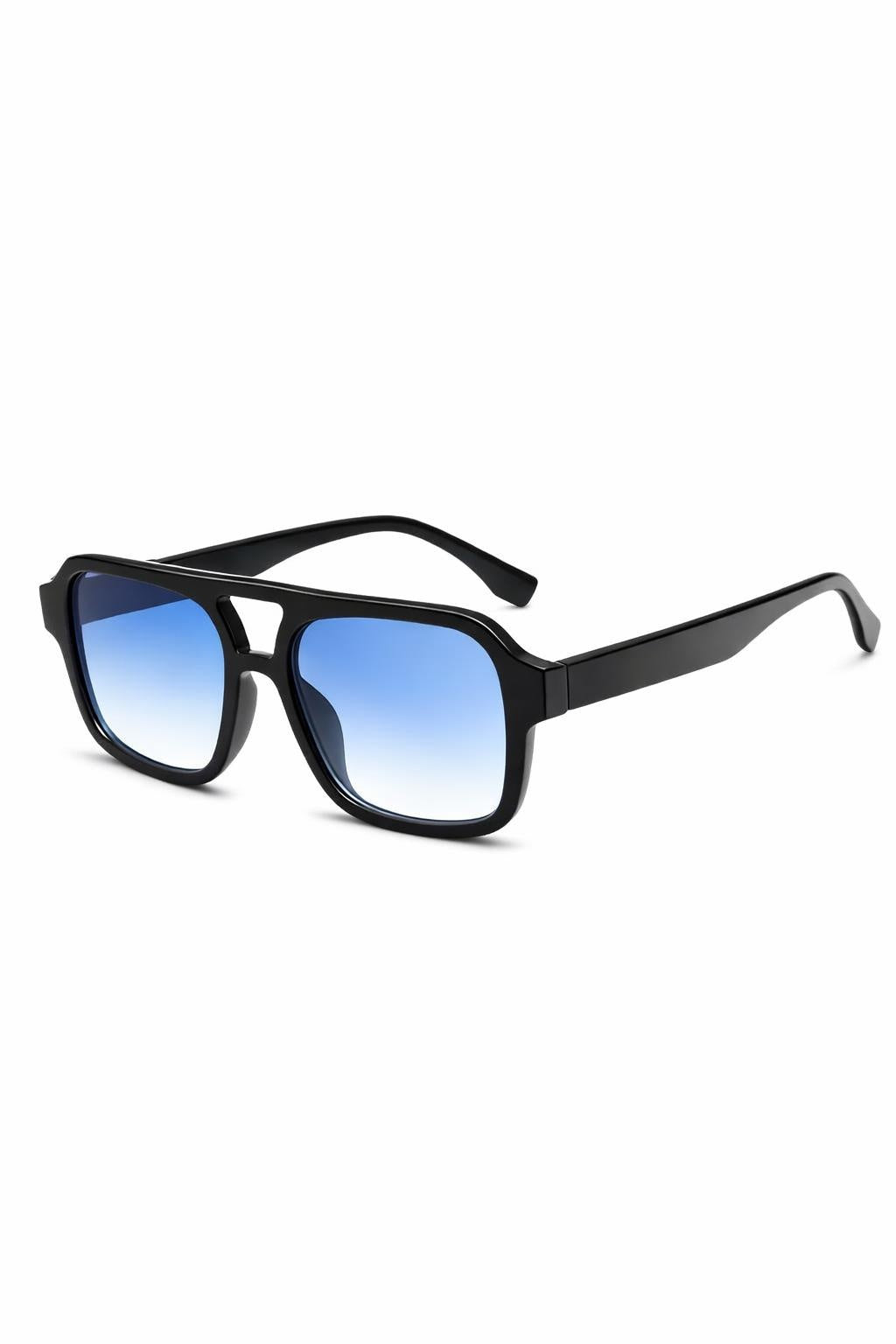 Eckige Sonnenbrille, Dunkles Gestell – bläuliche Gläser