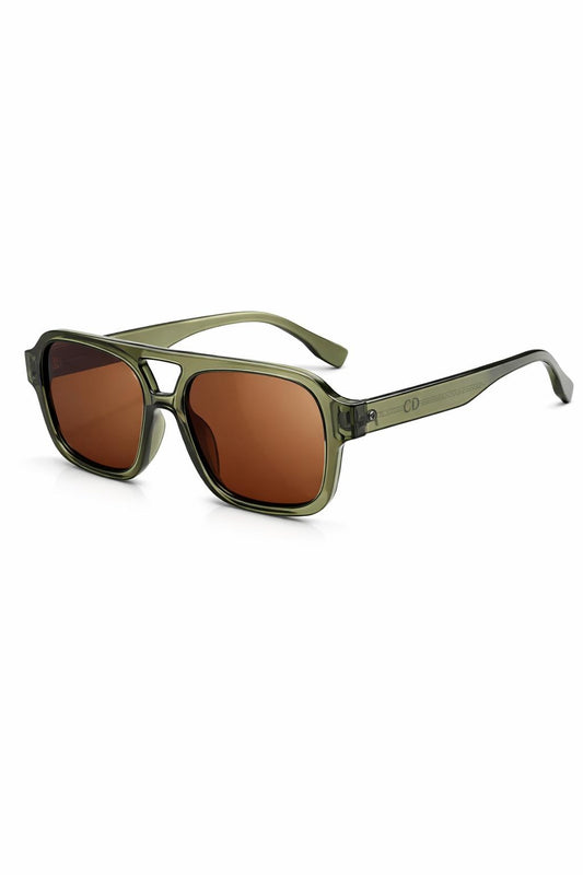 Eckige Sonnenbrille, grünes Gestell – dunkle Gläser