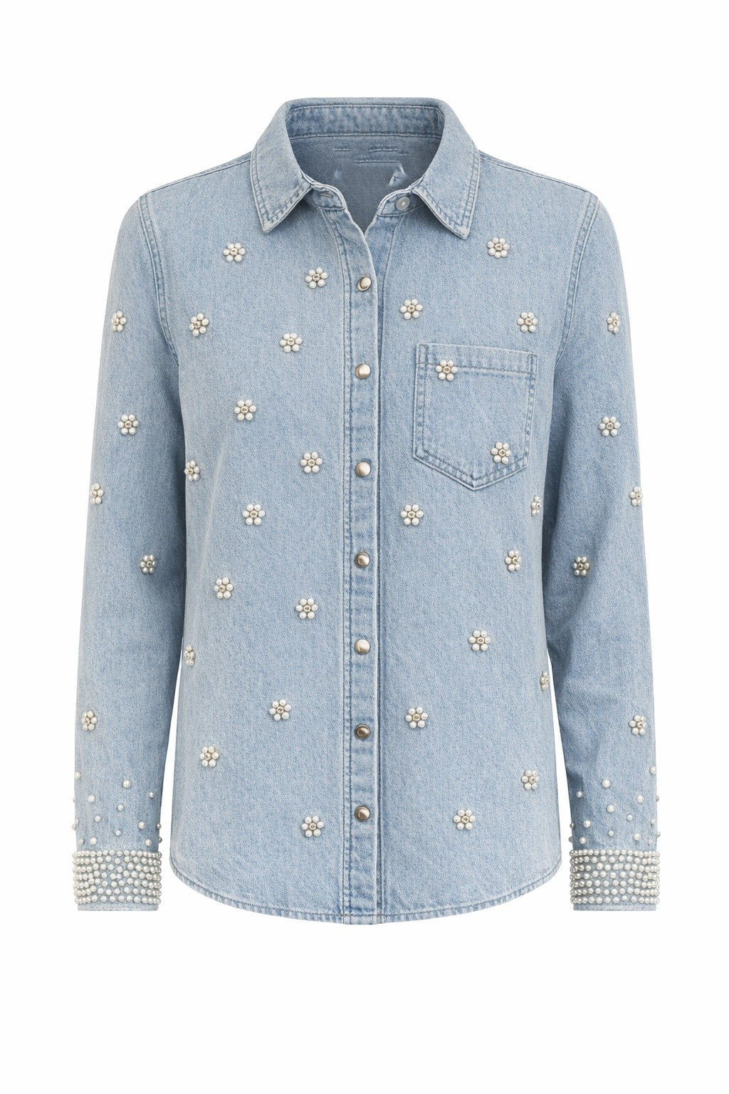 Jeansbluse mit Perlendetails, Gr. 34-40