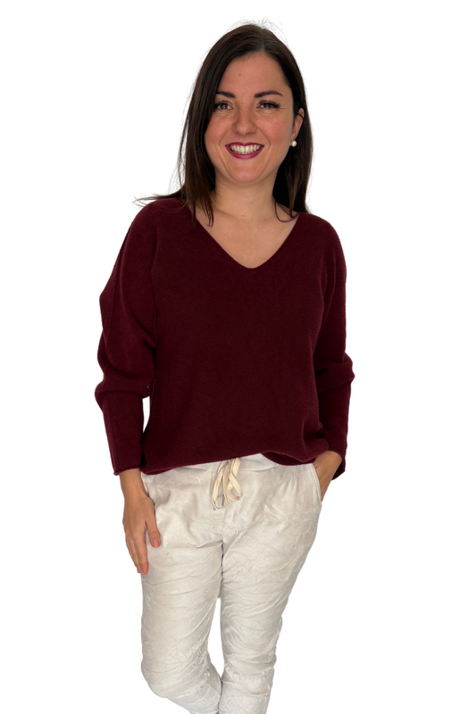 Basic Feinstrickpullover V-Ausschnitt bordeaux, Gr. 36-42