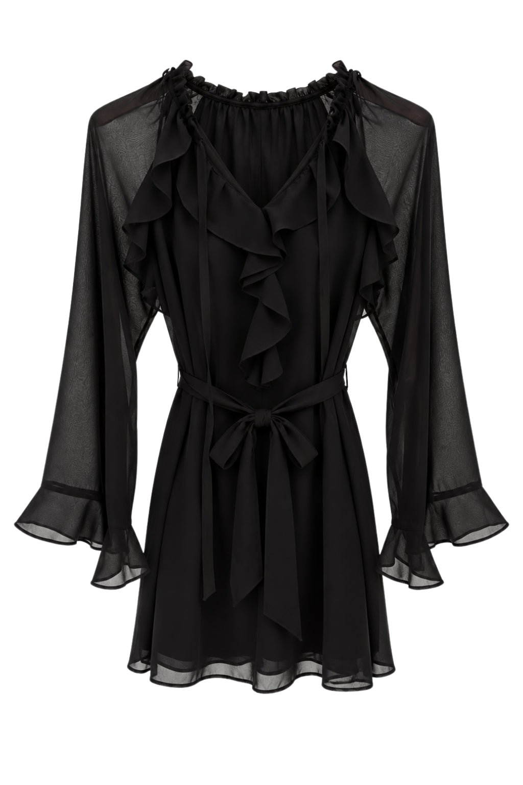 Schwarzes Rüschenkleid mit Bindegürtel, gr. 36-48