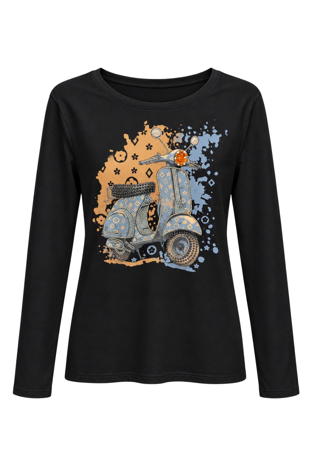 Langarmshirt „Dolce Vita“ mit Rollermotiv schwarz/blau, Gr. 34-38