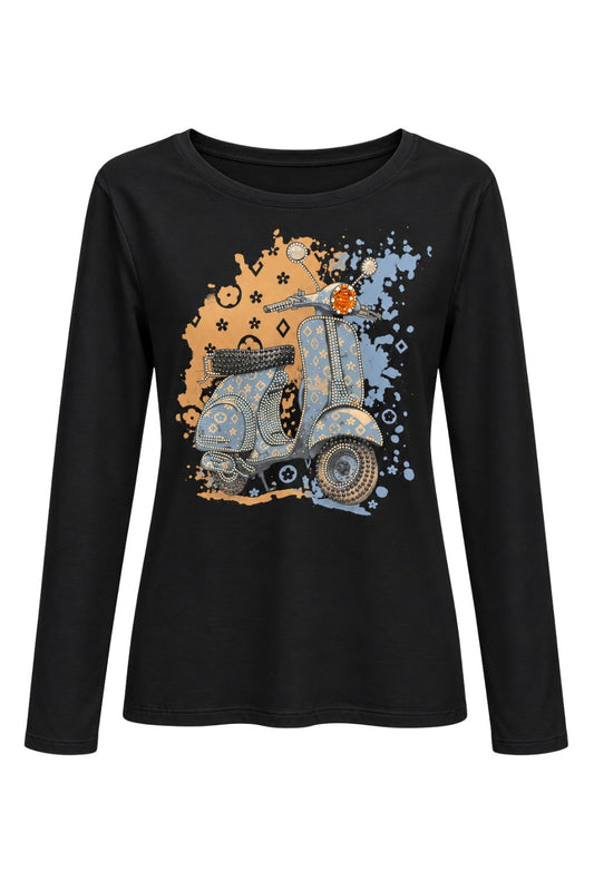Langarmshirt „Dolce Vita“ mit Rollermotiv schwarz/blau, Gr. 34-38
