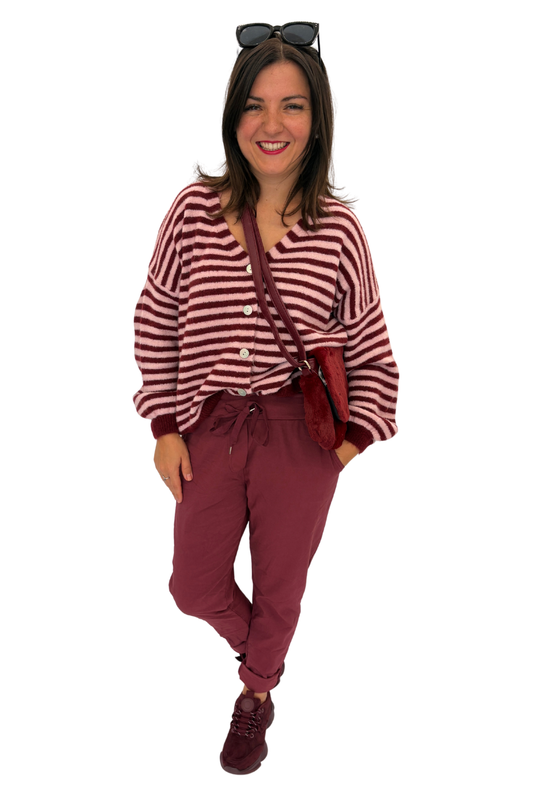 Streifen Cardigan „Amélie“ – bordeaux/rosa, Gr. 36-42