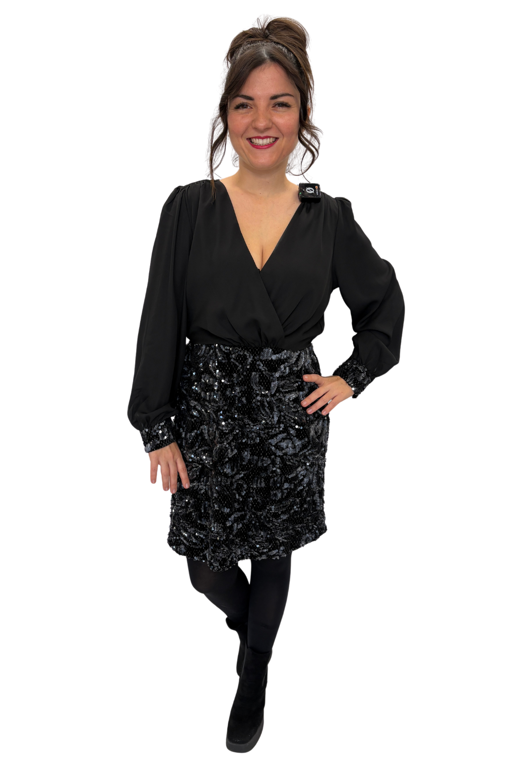 Schwarzes Paillettenkleid mit Wickeloptik, Gr. 36-48