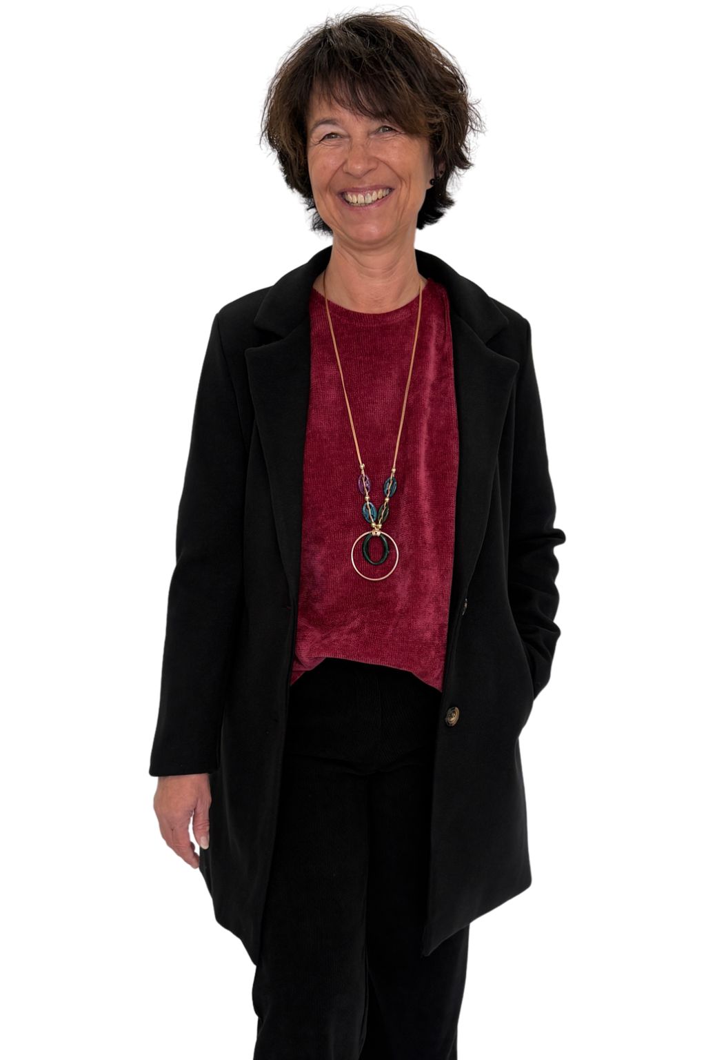 Kuschelweicher Pullover mit Schmuckkette bordeaux, Gr. 36-44