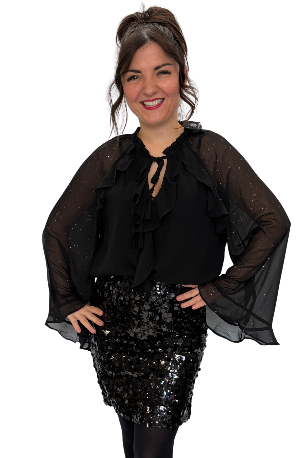 Schwarze Rüschenbluse mit Glitzer-Details, gr. 36-48