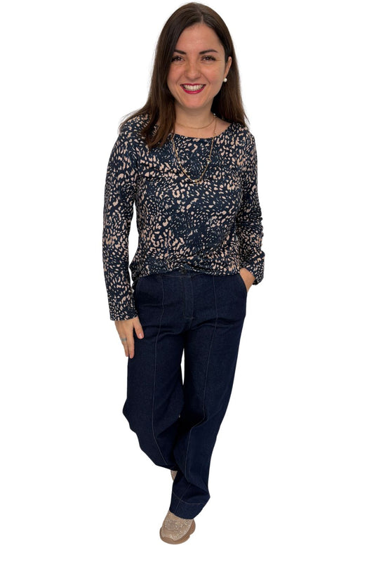 Langarmshirt mit Leopardenmuster blau/beige, Gr. 34-40