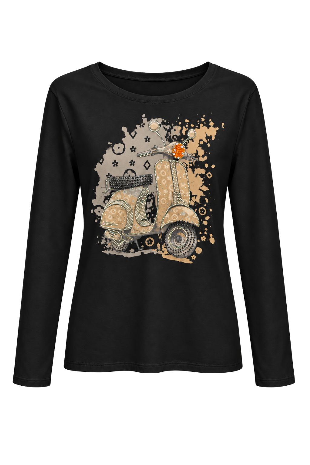 Langarmshirt „Dolce Vita“ mit Rollermotiv schwarz/braun, Gr. 34-38
