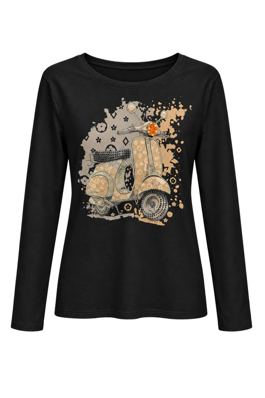 Langarmshirt „Dolce Vita“ mit Rollermotiv schwarz/braun, Gr. 34-38