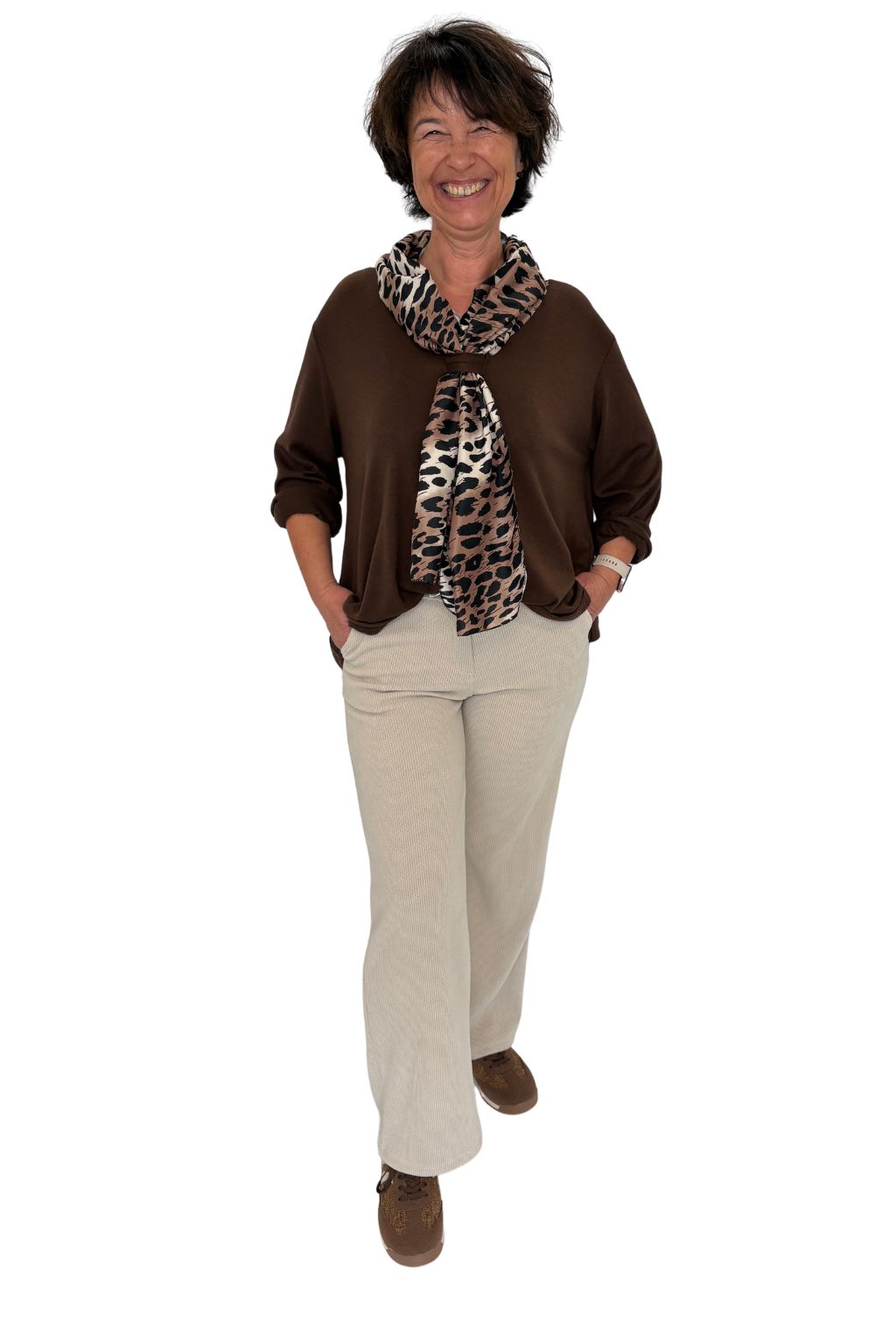 Shirt mit Leo-Schal schokobraun, Gr. 36-44