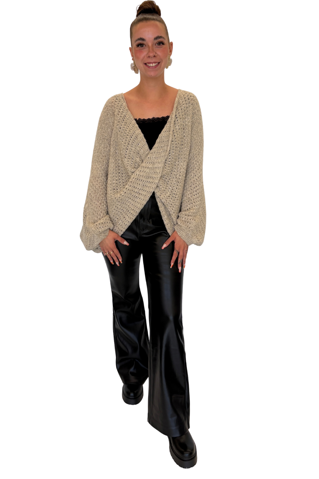 Flared Kunstlederhose schwarz, Gr. 36-44