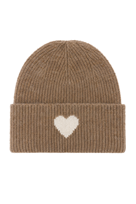 Strickmütze Amour taupe (Herz in creme)