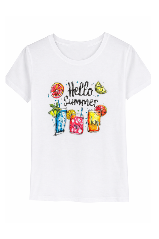 T-Shirt „Hello Summer“ mit Glitzersteinen, Gr. 36-42