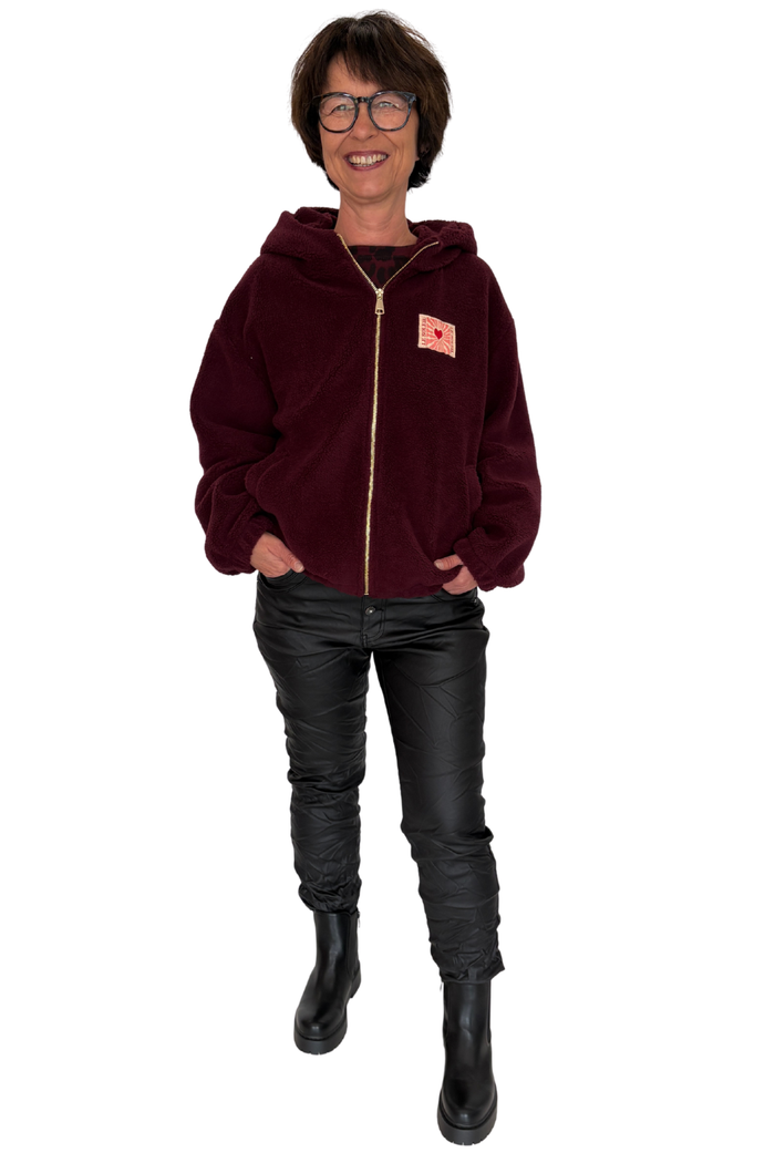 Teddy Fleece Jacke mit Kapuze bordeaux, Gr. 34-42