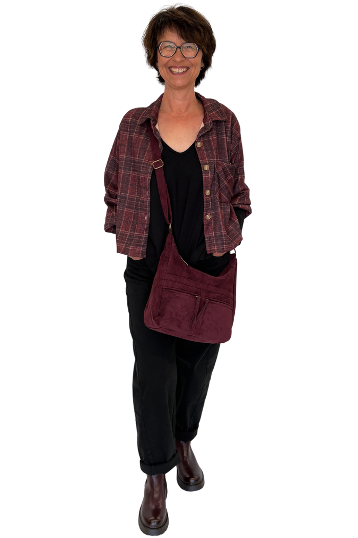 Cropped Karo-Hemdjacke bordeaux, Gr. 34-42