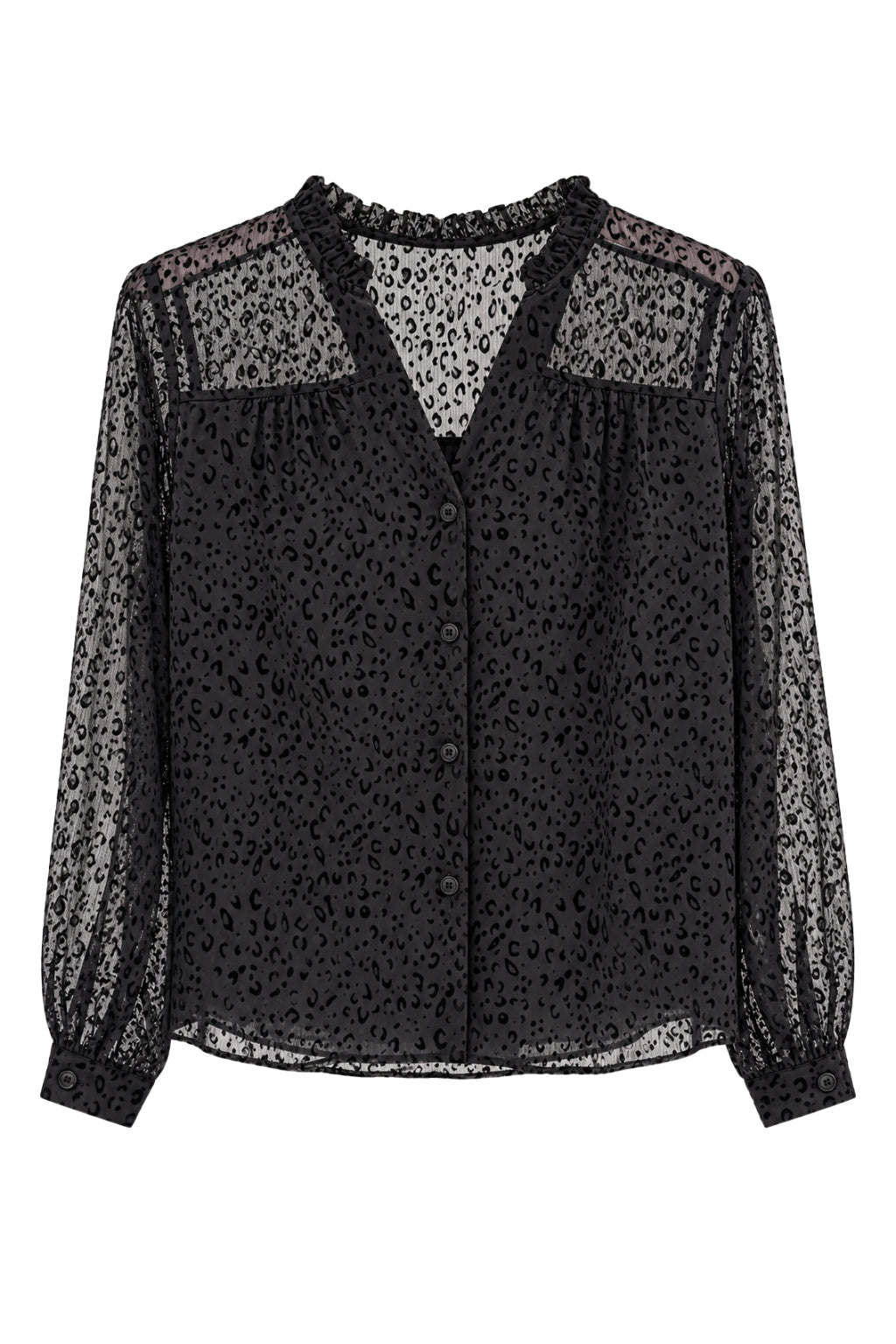 Schwarze Leo-Bluse mit transparenten Ärmeln, Gr. 36-48