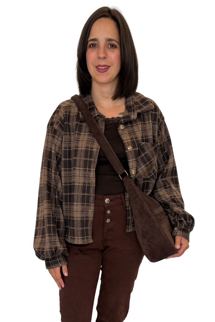 Cropped Karo-Hemdjacke braun, Gr. 34-42