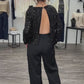 Schwarzer Pailletten-Jumpsuit mit raffiniertem Rückenausschnitt
