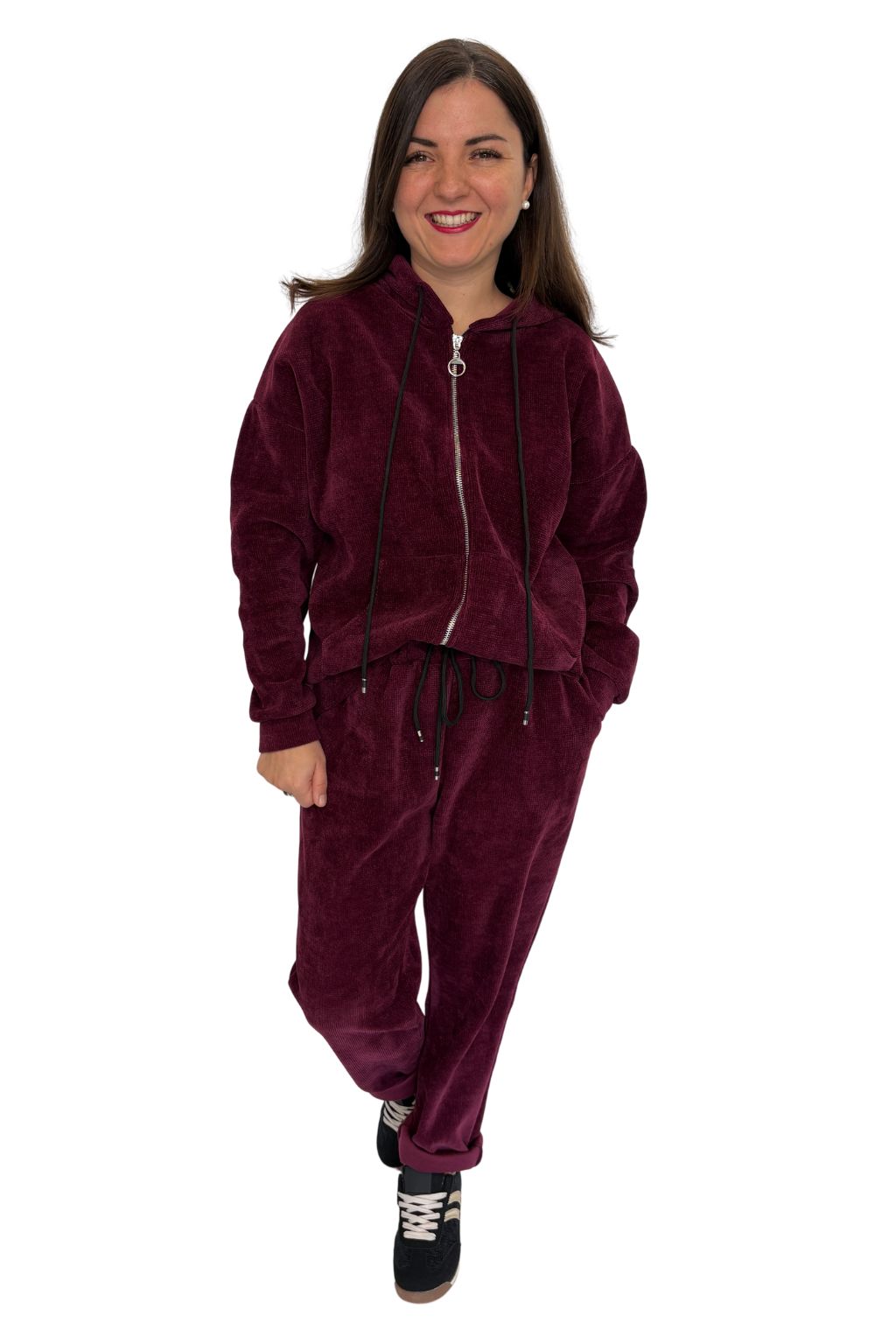 Kuschelweiches Wohlfühl-Set mit Kapuzenjacke & Hose bordeaux, Gr.  36-42