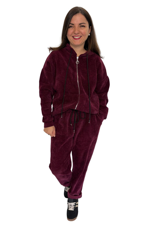 Kuschelweiches Wohlfühl-Set mit Kapuzenjacke & Hose bordeaux, Gr.  36-42