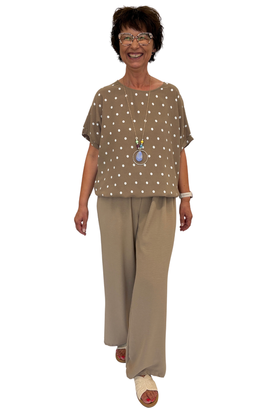 Blusenshirt mit Polka-Dots sandtaupe, Gr. 36-42