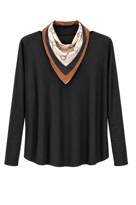 Lockeres Langarmshirt schwarz mit Mustertuch, Gr. 36-42
