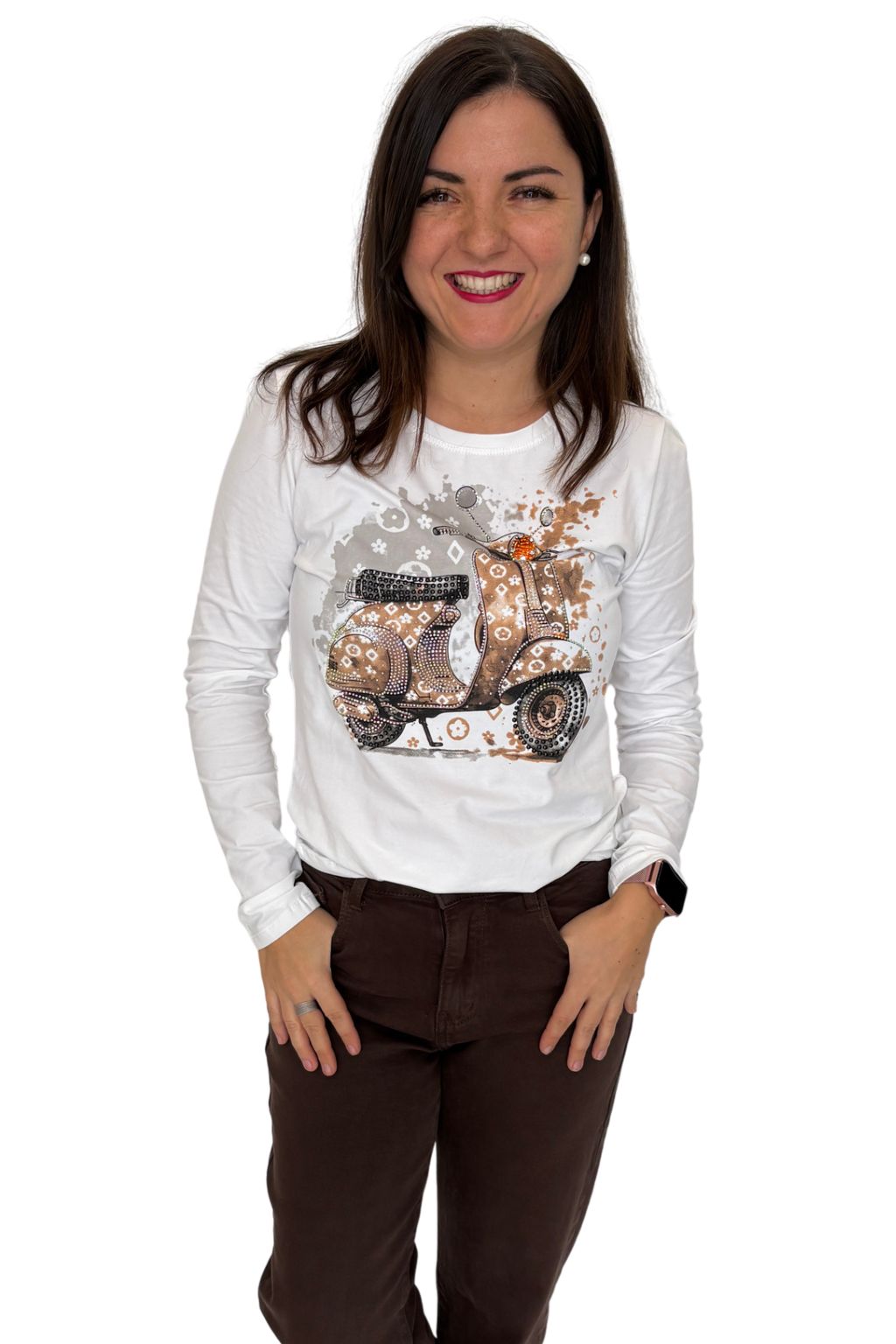 Langarmshirt „Dolce Vita“ mit Rollermotiv weiß/braun, Gr. 34-38