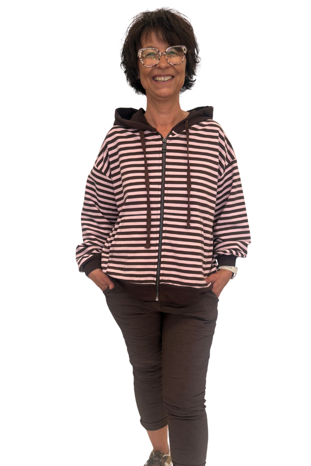 Streifenjacke Lola mit Kapuze rosa/braun, Gr. 36-44