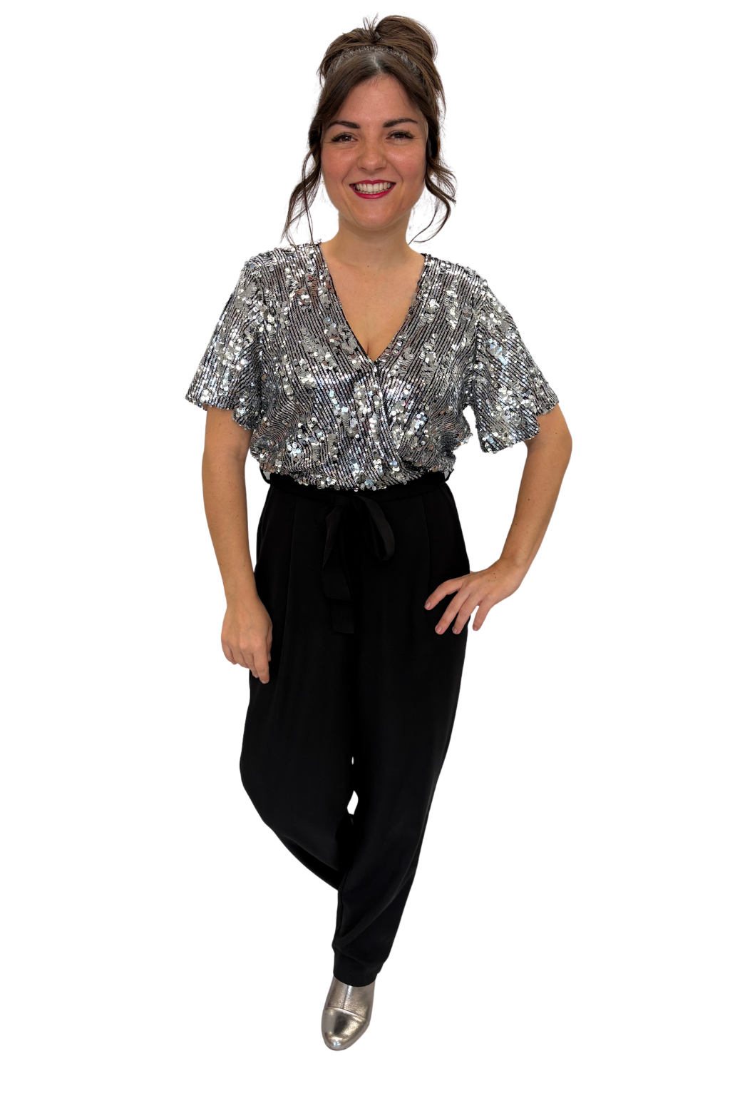 Eleganter Jumpsuit mit silbernen Pailletten und Bindegürtel, Gr. 36-48