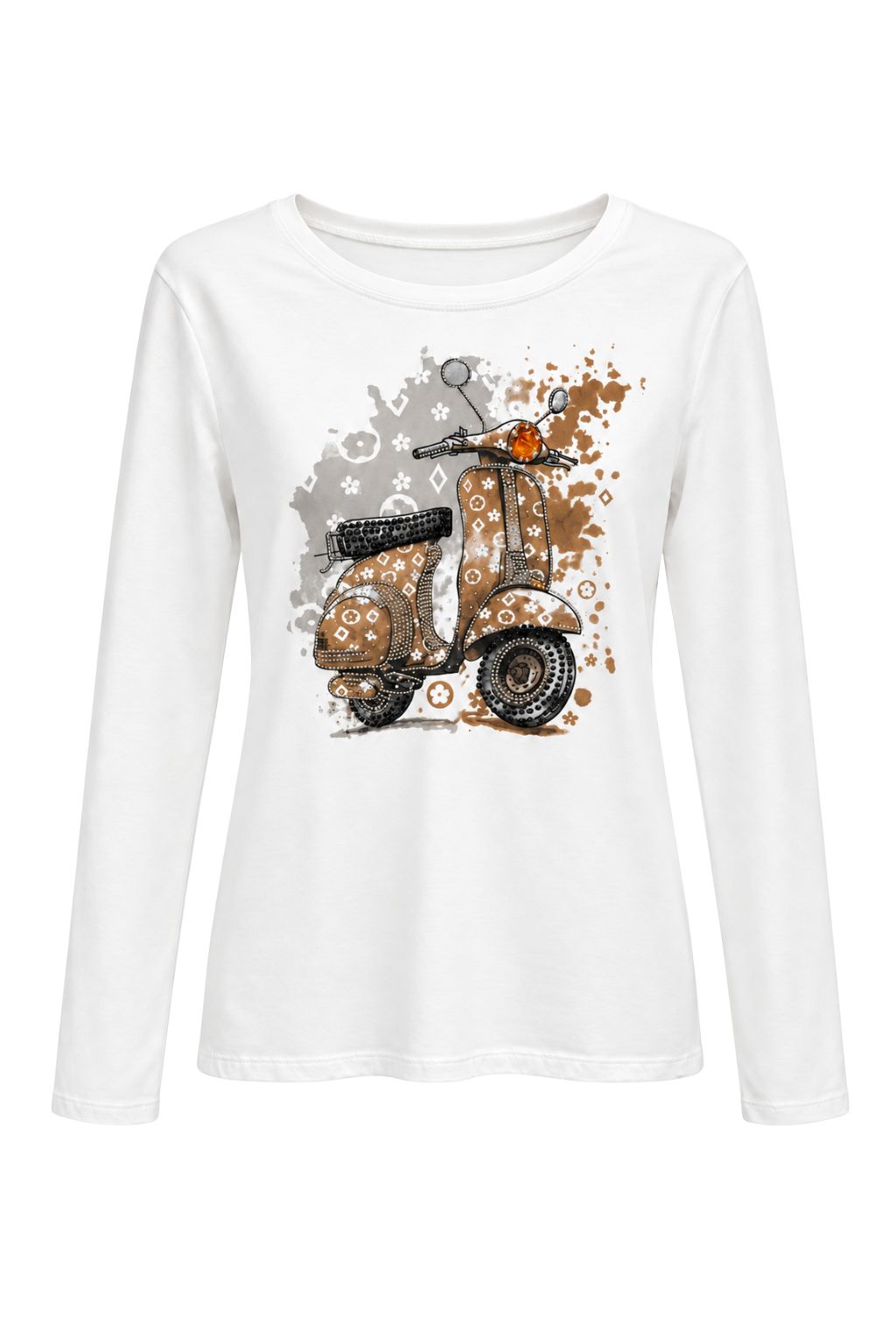 Langarmshirt „Dolce Vita“ mit Rollermotiv weiß/braun, Gr. 34-38
