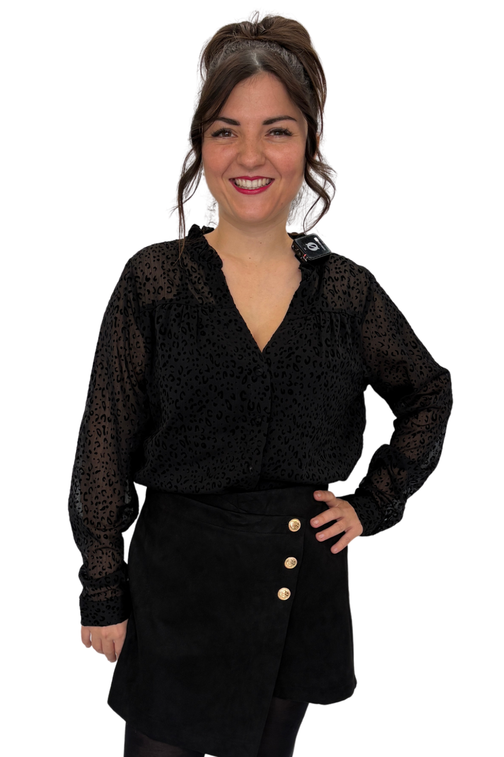 Schwarze Leo-Bluse mit transparenten Ärmeln, Gr. 36-48