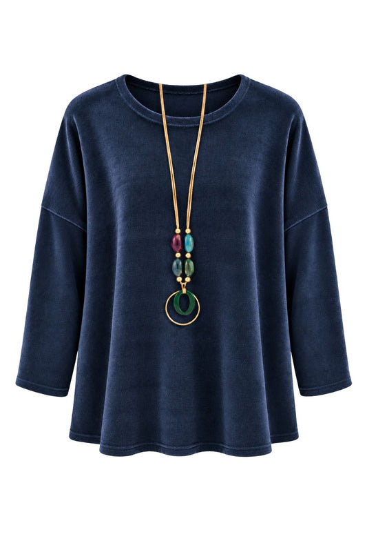 Kuschelweicher Pullover mit Schmuckkette dunkelblau, Gr. 36-44