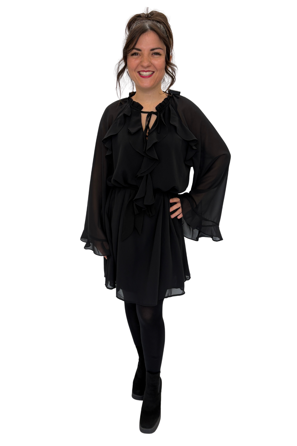 Schwarzes Rüschenkleid mit Bindegürtel, gr. 36-48