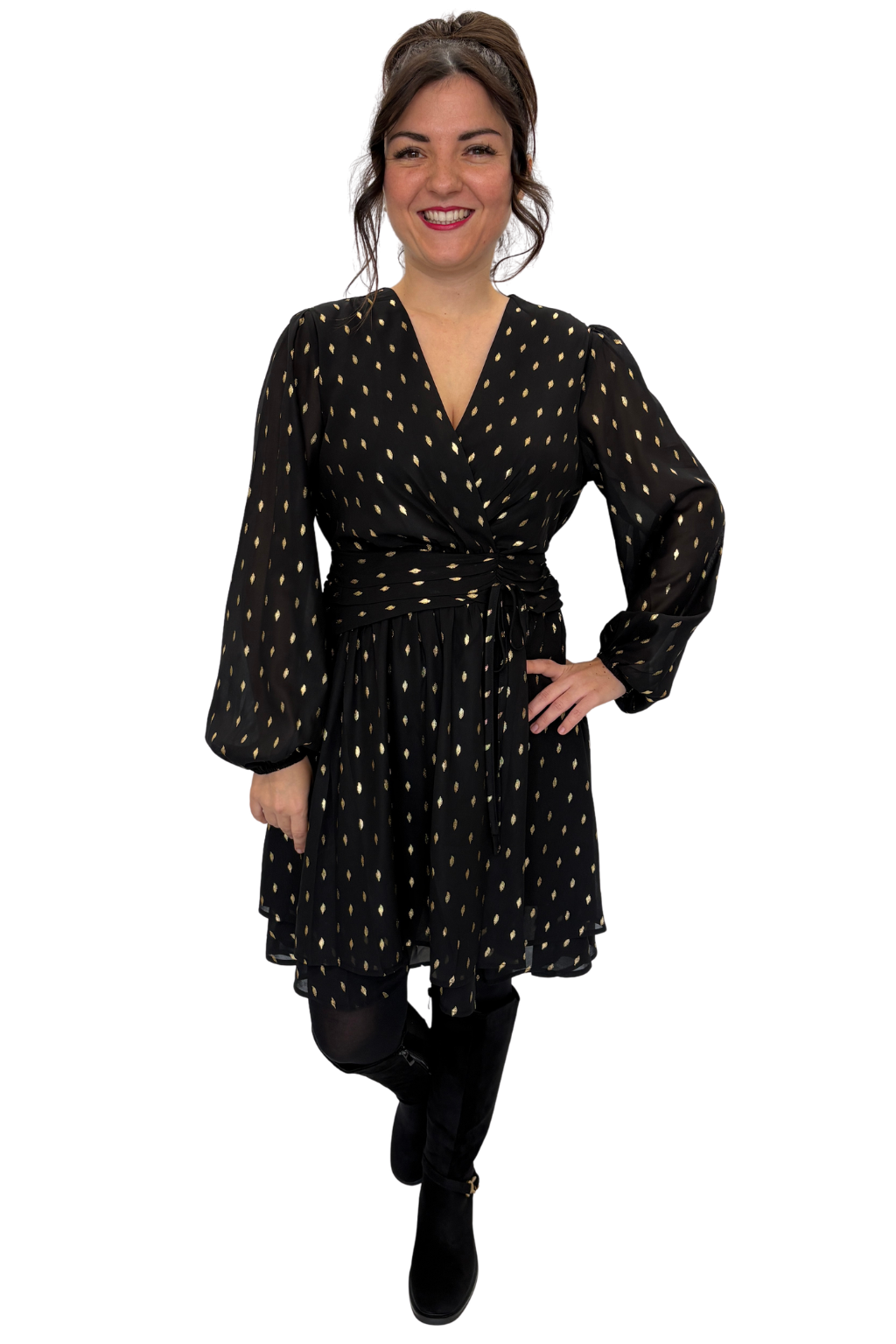 Elegantes Chiffonkleid in Schwarz-Gold, Gr. 36-48