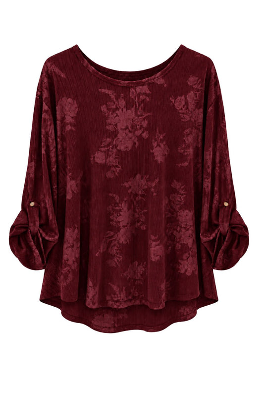 Lockeres Strukturshirt mit Blättermuster bordeaux, Gr. 38-44